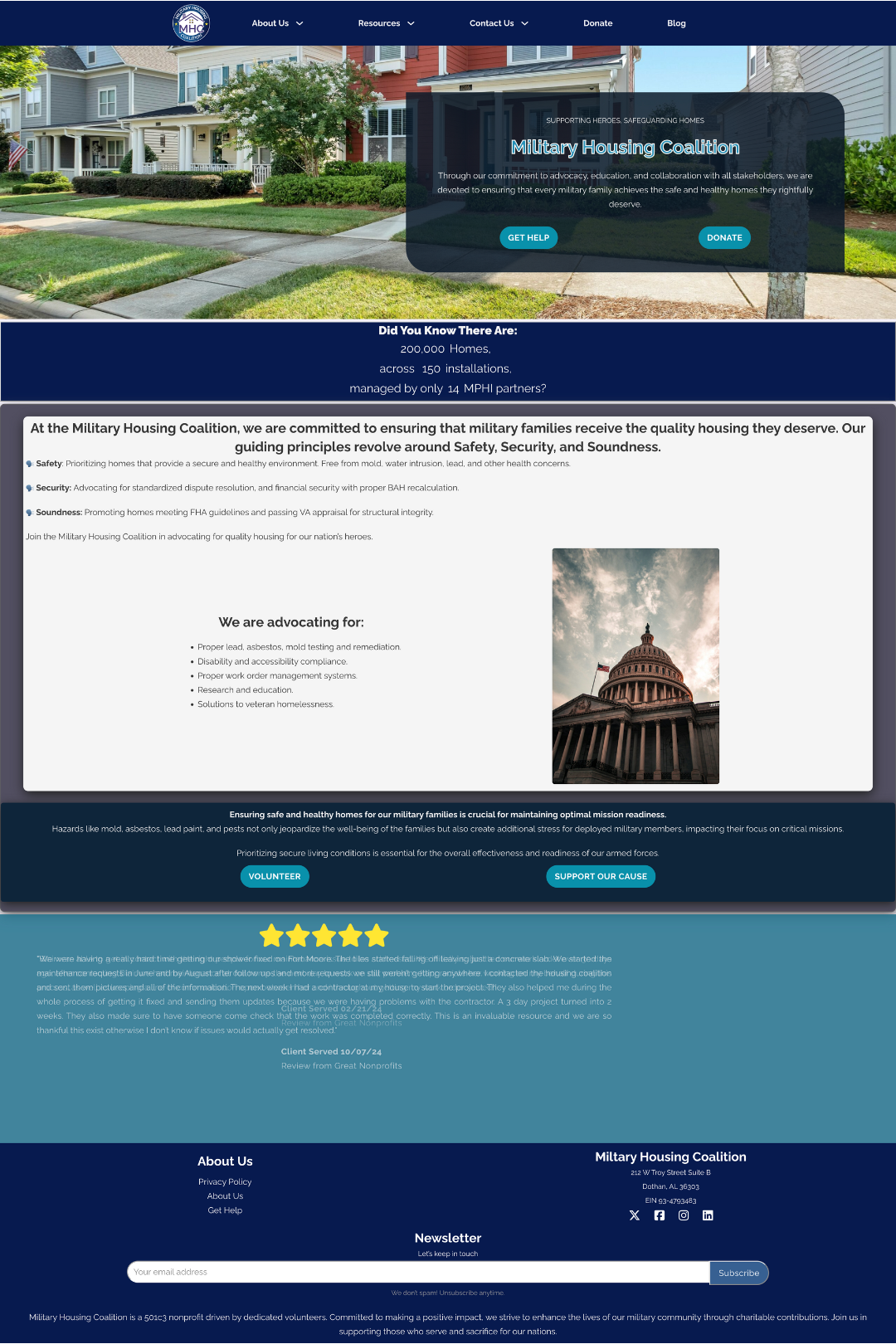 Screenshot of Military Housing Coalition's Home page.